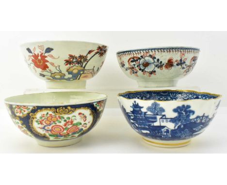Four late 18th/early 19th century porcelain bowls comprising a Worcester example with floral chrysanthemum and butterfly pane