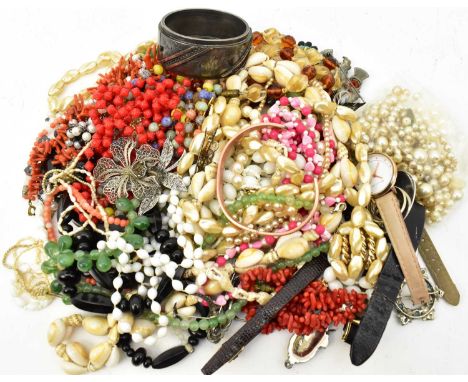 A group of modern and vintage costume jewellery including silver brooches, lady's wristwatches, necklaces, bracelets, etc.