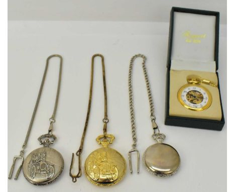 Four novelty full hunter cased pocket watches, two vintage car themed and one in a green presentation box (4).