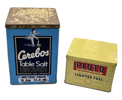 A vintage Cerebos Table Salt tin, 21.5 x 15.5 x 15.5cm, and a Pluto Lighter Fuel tin, top 16 x 14cm (2).