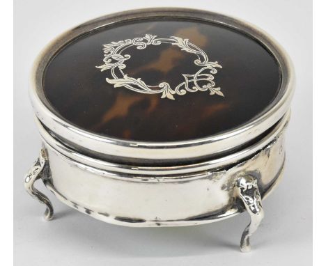 MAPPIN &amp; WEBB LTD; a George V hallmarked silver tortoiseshell topped circular lidded trinket box, Birmingham 1916, diamet