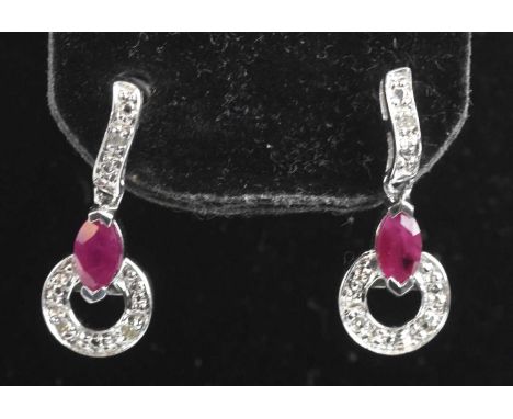 Standard VAT A pair of 9ct white gold ruby and diamond drop earrings in the Art Deco taste, length 16mm, combined approx 1.3g