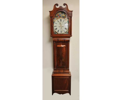 A 19th century mahogany longcase clock, the painted dial detailed with Cottars Saturday Night, with spandrels painted as figu