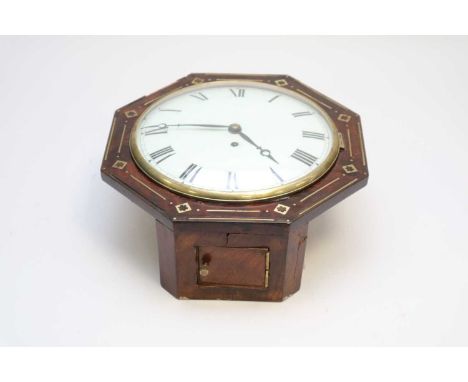 A 19th century fusee wall clock, the painted dial with Roman numerals, set in an octagonal case with strung and cut brass inl