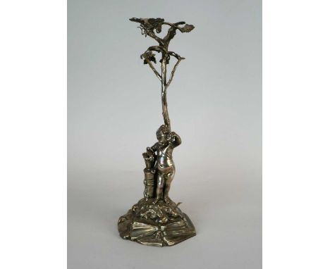 An Elkington &amp; Co silver plated centrepiece converted to a lamp, the vine and figural column raised on naturalistic base,