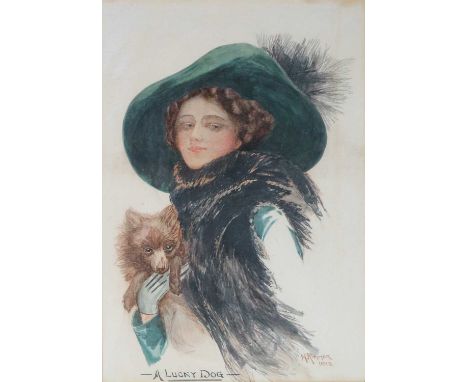 H Rimmer (British 19th-20th Century) watercolour 'A Lucky Dog' portrait of Ms Rimmer, signed and dated 1913 bottom right, mou