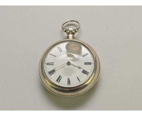 An early Victorian silver pair cased pocket watch, the white enamel dial with black Roman numerals, the gilt metal movement s