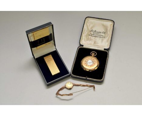 A 9ct gold J W Benson half hunter pocket watch, the white enamel dial with black Roman numerals and subsidiary seconds dial, 