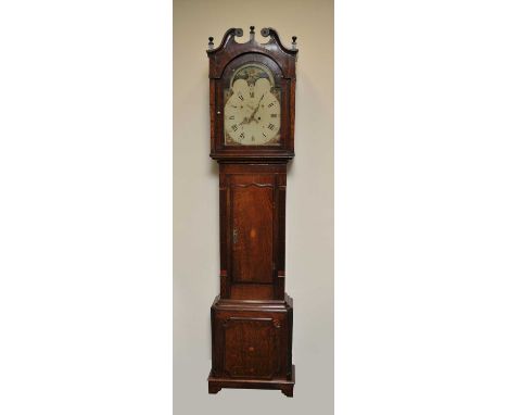 A 19th century oak and mahogany veneered longcase clock, with a 14" painted dial, painted Arabic and Roman numerals, 227cm hi