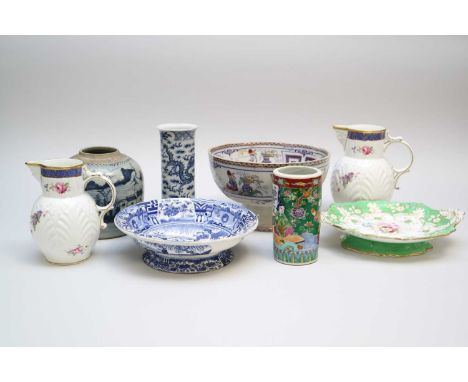 A mixed selection of ceramics to include a Chinese blue and white ginger jar, a Chinese cylindrical vase decorated with a sca