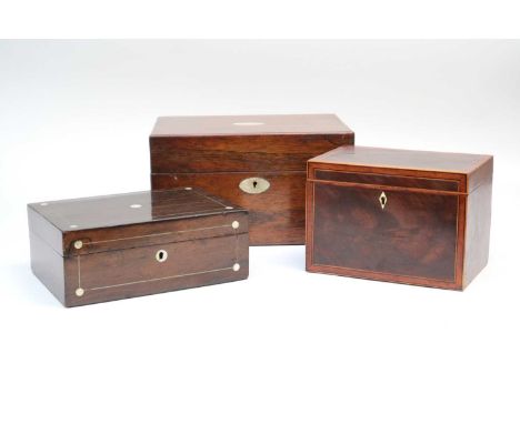 A 19th century tea caddy, with flamed mahogany veneered hinged cover and strung borders, together with a rosewood veneered je