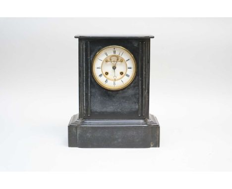 A 19th century slate cased mantle clock, with a stepped white enamel dial marked Ball &amp; Edwards, Birmingham, 34cm high, 2
