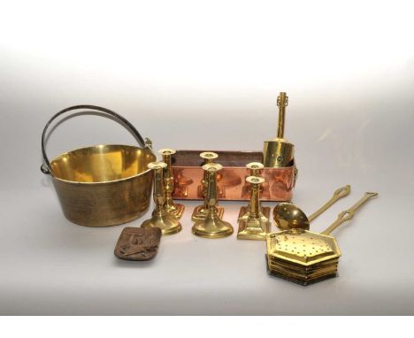 A collection of 19th century and later metal wares to include a large brass jam pan with iron loop handle, brass candlesticks