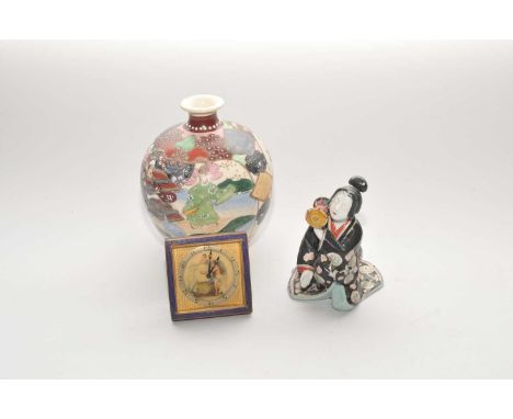 A small miscellaneous collection to include a Japanese Satsuma vase, a Japanese ceramic figure, a small easel-backed travelli