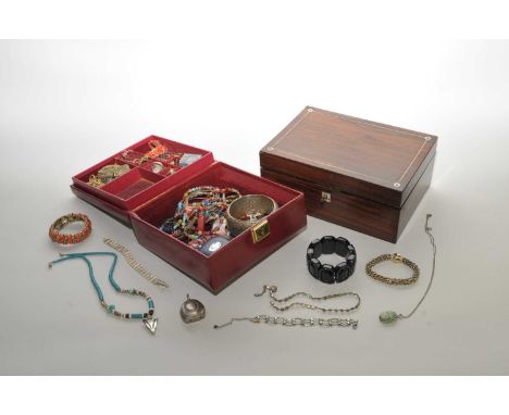 A collection of costume jewellery, to include; silver and plated bangles, gilt chain necklaces, a stick coral necklace, gilt 