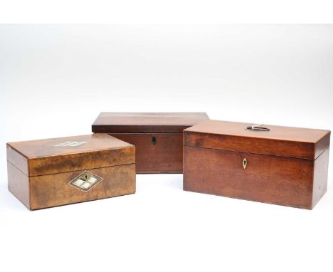 A 19th century twin-divisional tea caddy with hinged cover, together with a stationary box veneered in burr walnut and inlaid
