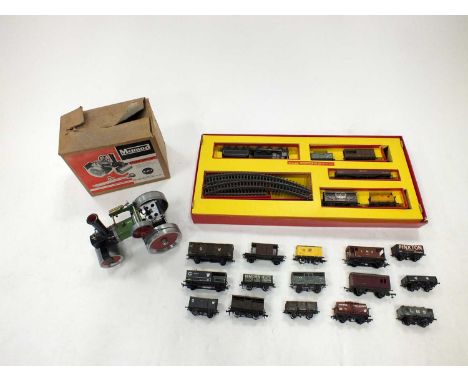 A boxed Mamod engine, Tri-ang railways model railway (RS. 26) and boxed small station set and controller (4)