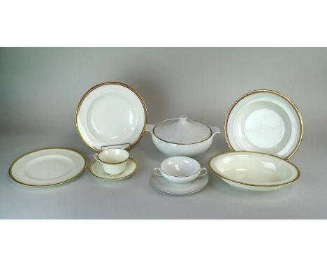 A group of Royal Worcester 'Chancellor' dinnerwares including twin-handled soup coupes, saucers, teacups, circular dishes, ov