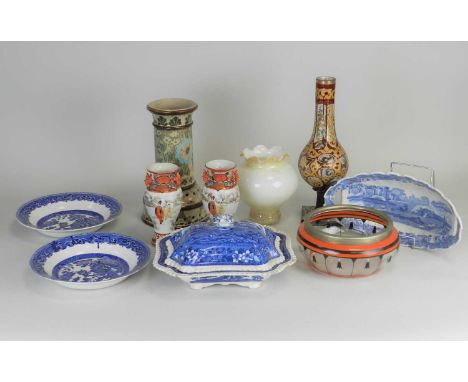 A collection of ceramics and glass 19th and 20th century, including an orange and black glass fruit bowl with silver-plated r