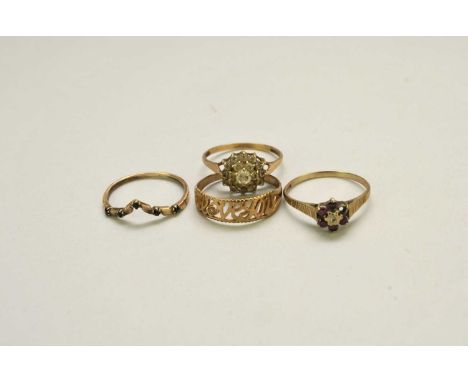 A 9ct gold stone set herringbone ring, together with a 9ct gold 'I Love You' pierced band, a 9ct gold white stone set cluster