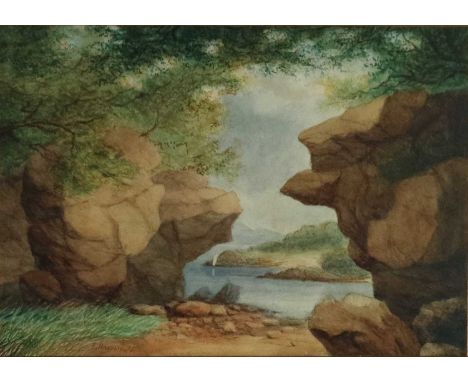 R Hauden, (British School), Watercolour of a Rocky Lakeside, signed and dated '75 bottom left, mounted and framed. Measuremen