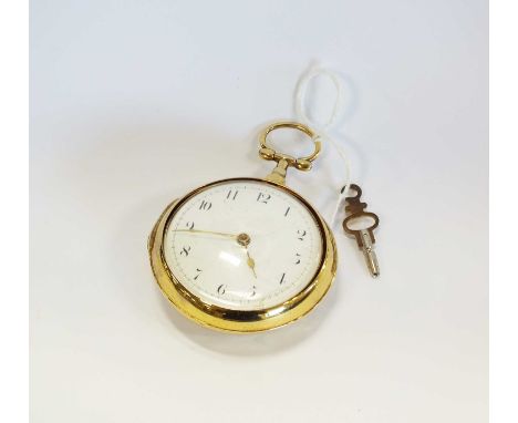 A George III silver gilt pair cased fusee pocket watch, the white enamel dial with black Arabic numerals, the gilt movement s