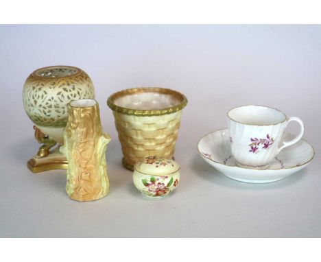 A small group of Royal Worcester blush ivory, including a pierced pot pourri on raised scroll feet and triform base, lacking 