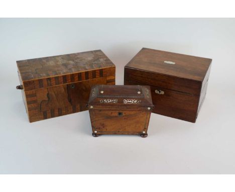 A 19th century rosewood veneered jewellery / work box, containing a large collection of modern buttons, together with a 19th 