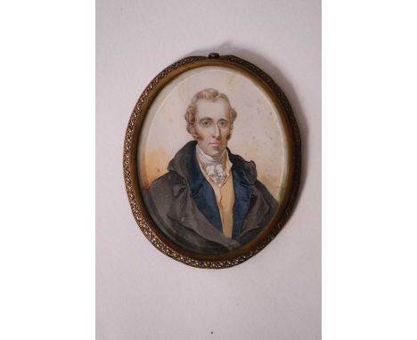 Miniature Portrait of a Gentleman with White Stock, monogrammed above sitters right shoulder, framed measurements 9.5 x 7.5 c