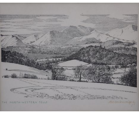 Alfred Wainwright (1907-1991): artist signed lithograph, The North-Western Fells, image 23 x 18cm, overall 37 x 32cm. Frame l