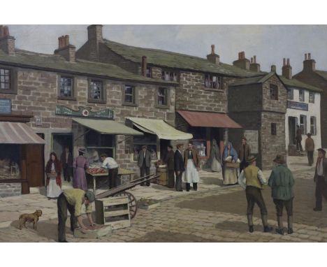 R R Berry (20th century): oil on canvas, street scene with figures (possibly Albert Road), image 89 x 59 cm, overall 103 x 73