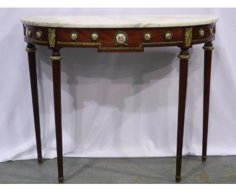 A 20th century French style console, the brass mounted frame with Limoges style ceramic panels supporting a white marble top,