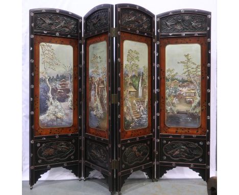 Early 20th century Chinese lacquered four-panel floor standing screen, obverse displaying impasto paintings of traditional sc