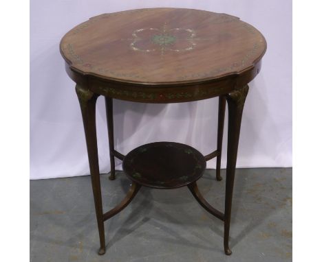 Edwardian inlaid walnut circular lamp table, with floral painted border and under shelf, D: 68cm, H: 73cm, with later protect