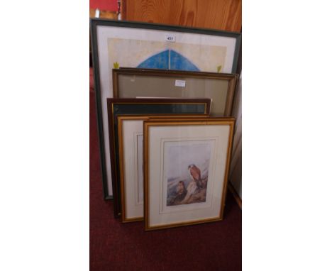A large framed print of a chef, a pair of floral prints and a pair of bird prints 