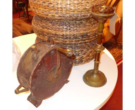 A knife sharpener, vanity set, brass church candlestick, a quantity 