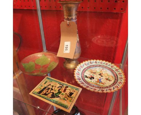 Four Indo-Persian items including an enamelled dish decorated with a hunting scene, a metalware vase and bowl and a painted f