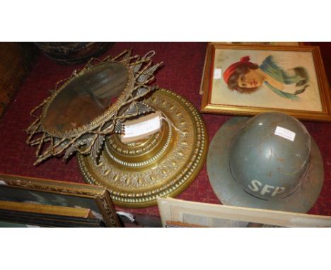 A collection of wall mirrors, scales, WW2 hat, other metalware and large jug 