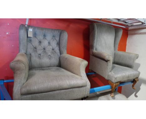 A pair of button wing back armchairs and pouffe, upholstered in green fabric  