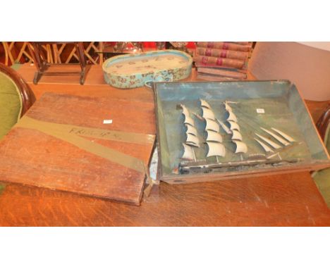 A 19th century folk art ship model and cased box of seashells 
