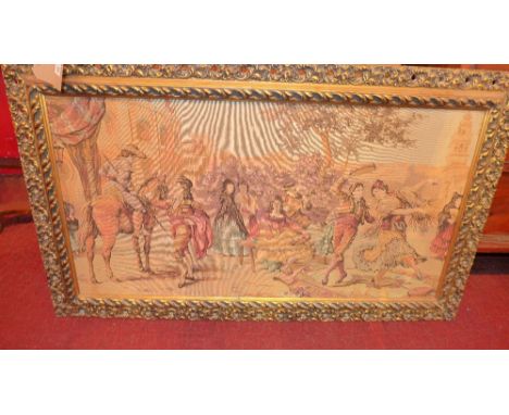 A Belgian tapestry depicting a street scene in a gilt frame together with a 1970's French  'Galerie Naiv-Art' poster, a hunti