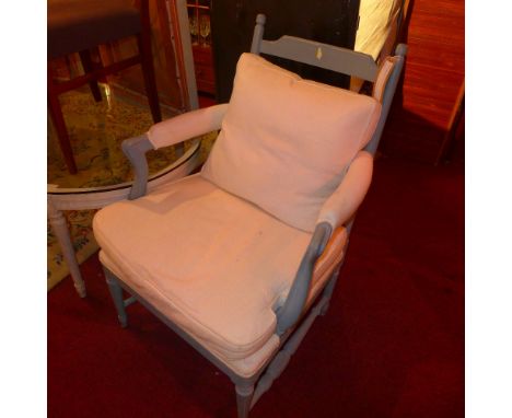 A pair of blue painted ladder back armchairs with padded seat 