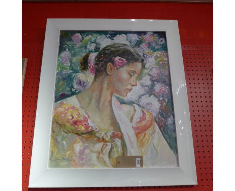 A framed oil on canvas portrait of a girl indistinctly signed 88 x 75cm 