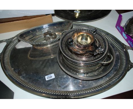 A large oval silver plated Tray and miscellaneous pierced Baskets, coasters, etc.