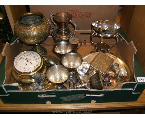 A quantity of Brass and plated items including goblets, barometer, etc