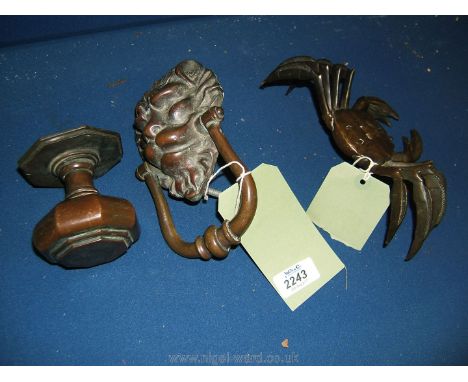 A 19th c Brass door Knocker and Knob and a 19th c. Japanese bronze Crab