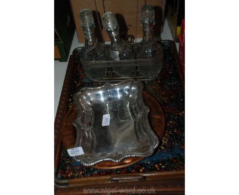 A silver Plated Tray, two copper Plates, two wooden trays, decanters, etc.
