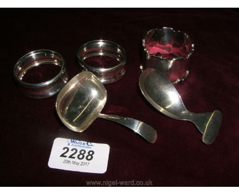 Two Silver Caddy Spoons and three Silver Napkin Rings