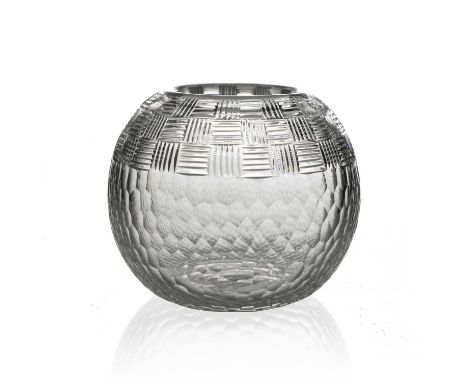Keith Murray for Stevens and Williams (attributed), an Art Deco cut glass vase, spherical form, martele body with geometric c