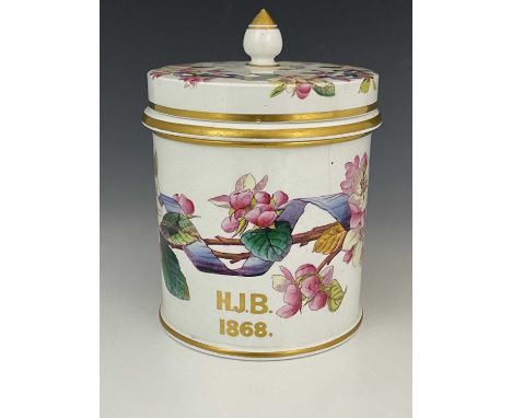 A Staffordshire pottery shaving mug/tankard and cover, circa 1868, cylindrical form with lift-out bisected tray, printed/pain